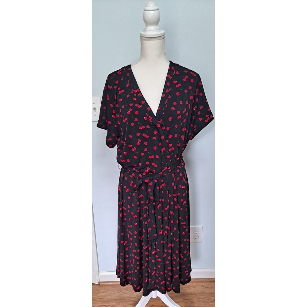 Torrid Size 2 Faux Wrap Black Dress With Cherries